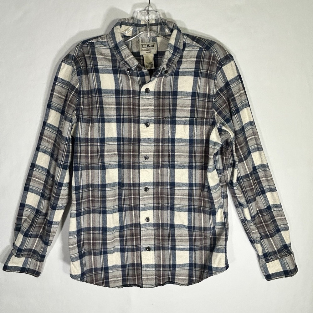 LL Bean Men's Flannel Shirt Plaid Cream Gray Blue Cotton Slim Fit Medium Classic